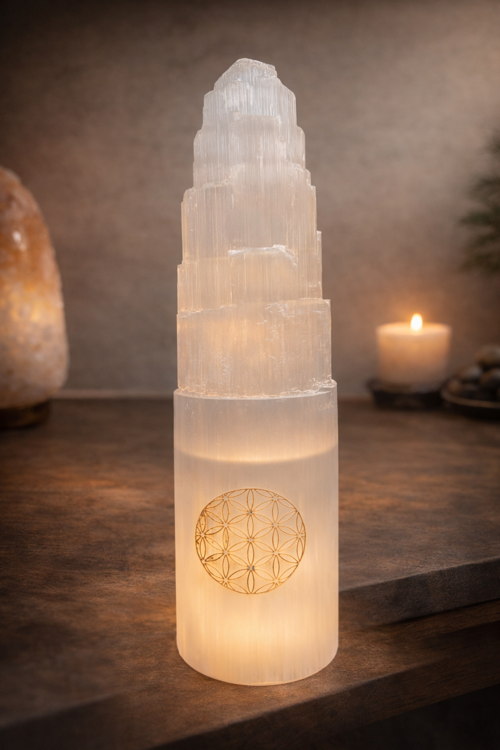 Lámpara de Selenita Flor de la Vida — Torre de Luz Sagrada